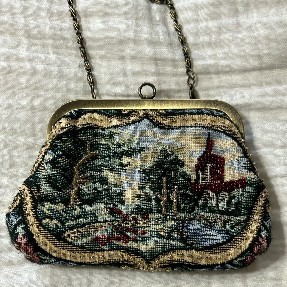 Carlo Fellini Vintage Tapestry Beaded Kiss Lock Purse Bag crossbody